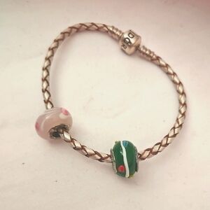 Pandora Charm With Leather Braid  Silver 925  Pink & Green Bracelet